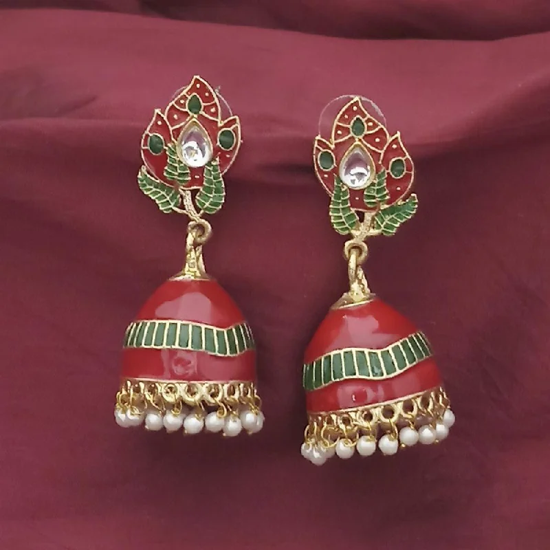 women’s silver hoop earrings-Kriaa Gold Plated Red Meenakari And Kundan Jhumki Earrings - 1316366A