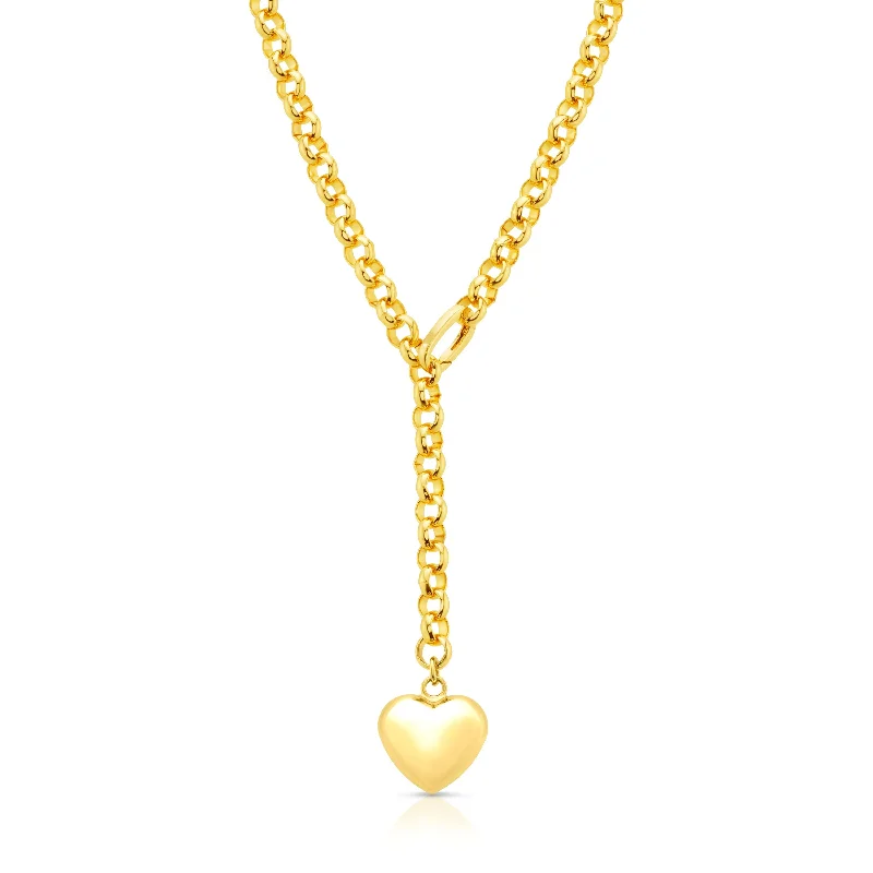 women’s red gemstone necklaces-PUFFED HEART LARIAT NECKLACE, GOLD