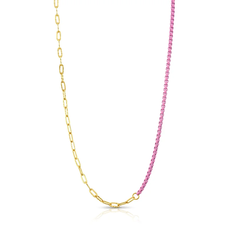 women’s oval pendant necklaces-HALF & HALF ENAMEL PAPERCLIP NECKLACE, PINK