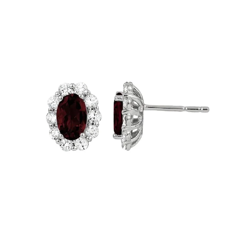 women’s initial earrings-Oval Garnet and Diamond Halo Earrings