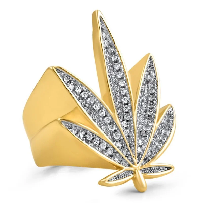 women’s silver wedding rings-Marijuana Leaf 420 CZ Bling Bling Gold Ring