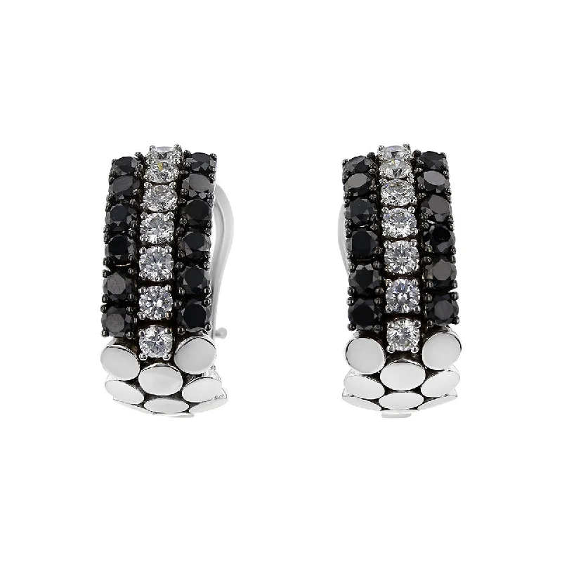 women’s colored gemstone earrings-Salavetti Black and White Diamond 3 Row Earrings