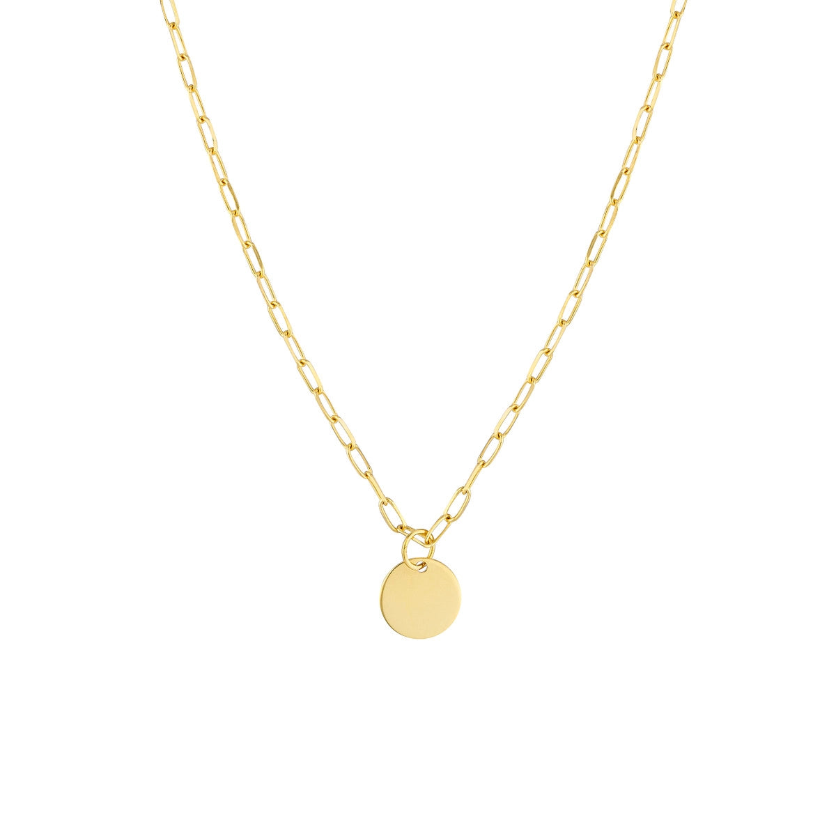 women’s oval pendant necklaces-14K Yellow Gold Dangle Disc Paperclip Necklace