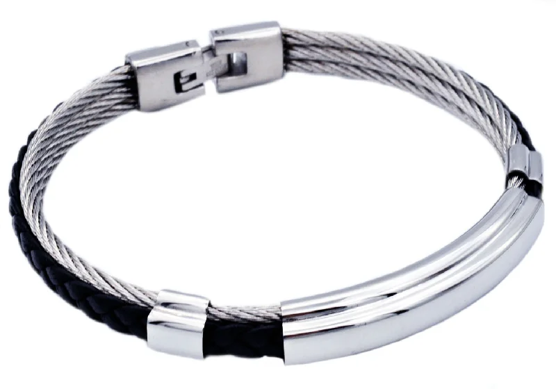 women’s woven bracelets-Mens Black Leather Stainless Steel Wire Bangle