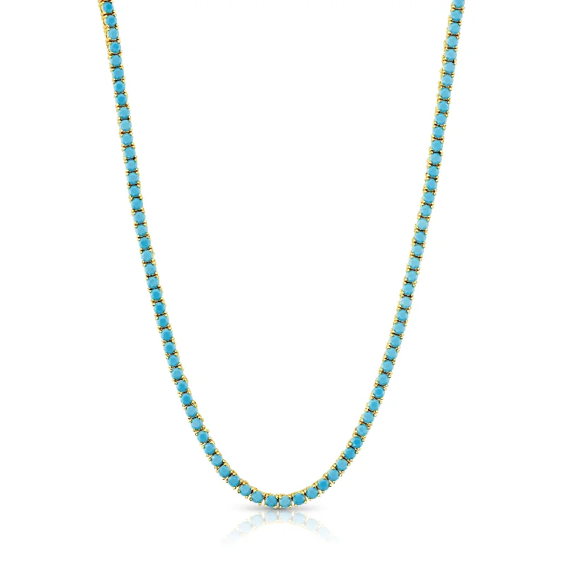 women’s heart-shaped necklaces-TURQUOISE CZ TENNIS NECKLACE, GOLD BRASS