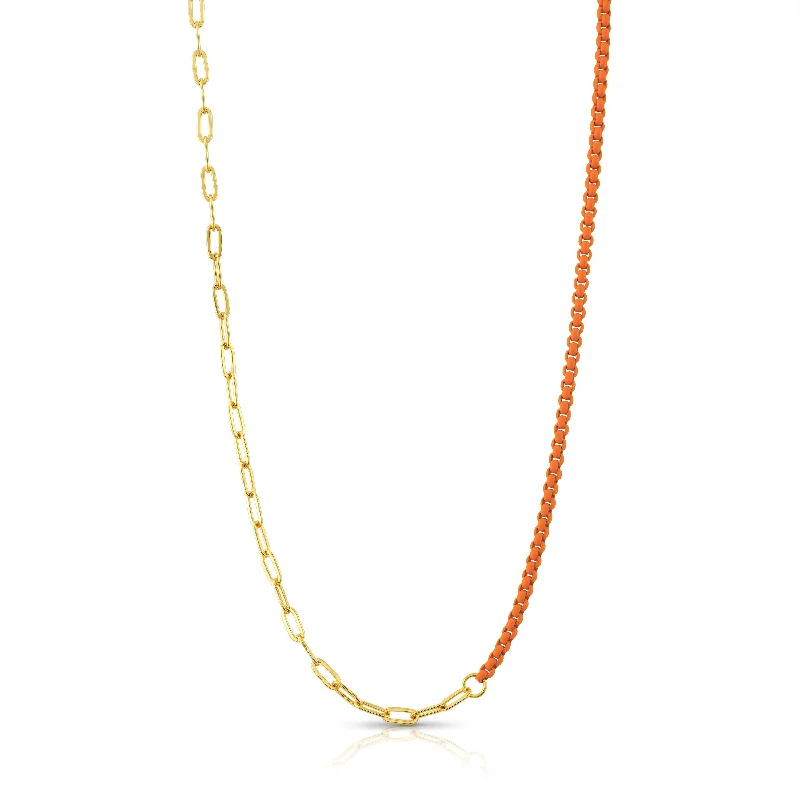 women’s custom gemstone necklaces-HALF & HALF ENAMEL PAPERCLIP NECKLACE, ORANGE