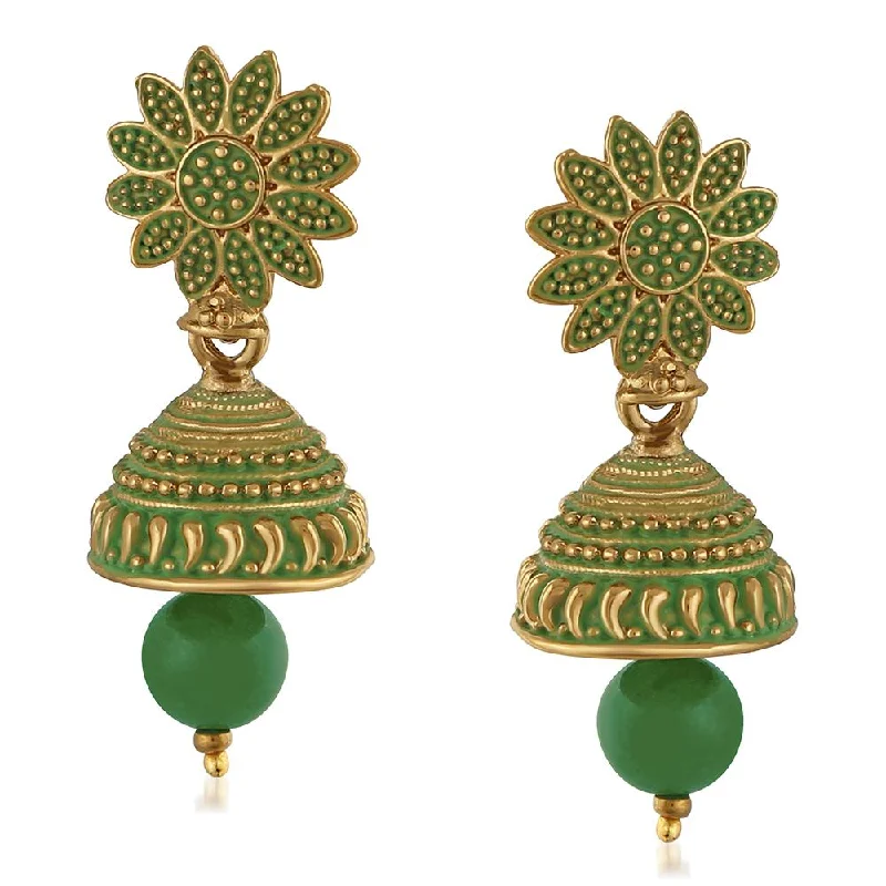 women’s pearl drop earrings-Mahi Meenakari Work Green Artificial Bead Floral Jhumka Drop Earrings for Women (ER1109691G)