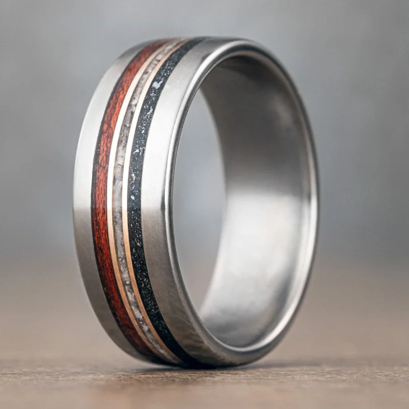 women’s silver engagement rings-(In-Stock) Custom Men's Titanium Wedding Band with Meteorite, Bloodwood, Oyster Shells & Dual Bronze Inlays - Size 11 | 8mm Wide