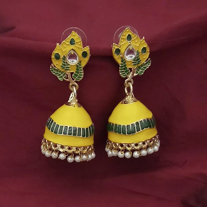 women’s gold drop earrings-Kriaa Gold Plated Yellow Meenakari And Kundan Jhumki Earrings - 1316366E