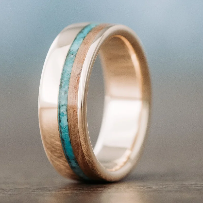 women’s rose cut engagement rings-(In-Stock) Men's 10k Yellow Gold Wedding Band with Whiskey Barrel Wood and Turquoise - Size 10.75 | 8mm Wide