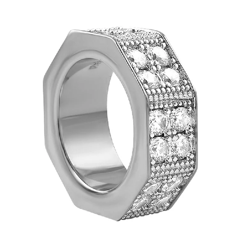 women’s vintage rings-Thick Double Bling Octagon Ring Rhodium