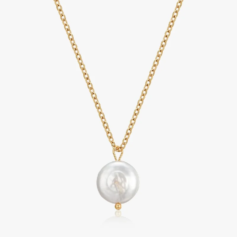 women’s custom necklaces-Button Pearl Necklace in Gold