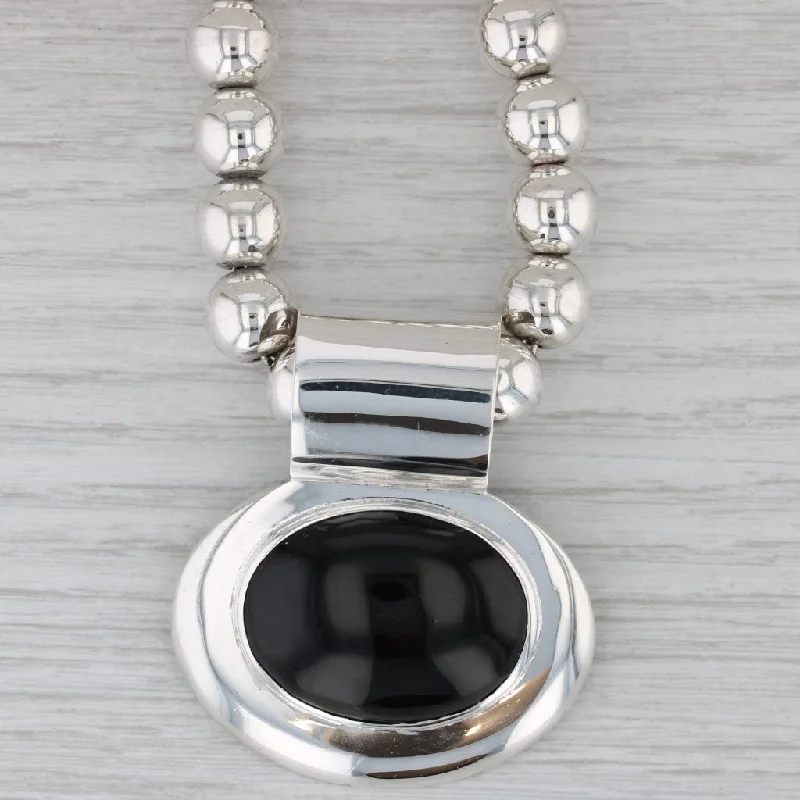 women’s choker necklaces-Obsidian Oval Cabochon Pendant Necklace Sterling Silver Bead Statement 16" Taxco