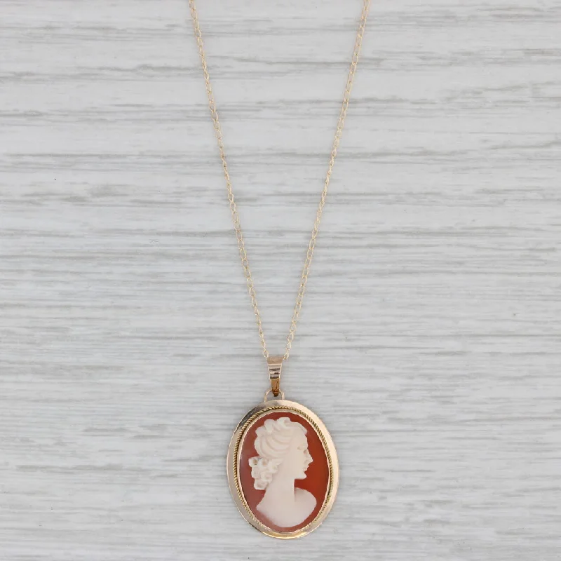 women’s adjustable necklaces-Carved Shell Cameo Pendant Necklace 14k Yellow Gold 18" Curb Chain