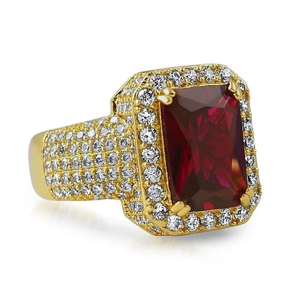 women’s simple gold rings-Rick Ross Style Gold Iced Out Lab Ruby Bling Ring