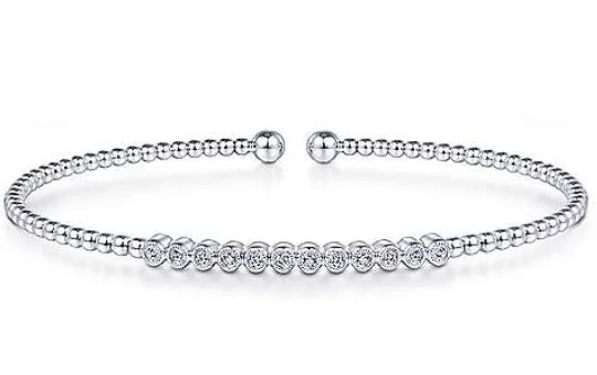 women’s charm bangles-14K White Gold Bujukan Bead Cuff Bracelet with Bezel Set Diamond Stations