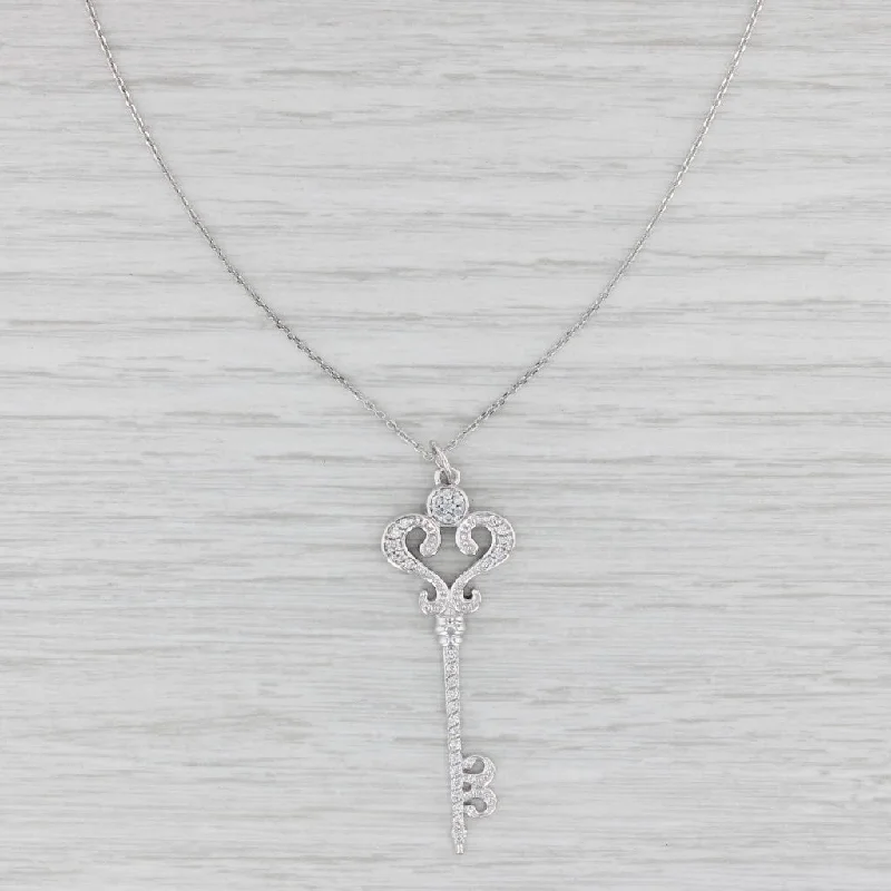 women’s birthstone necklaces-New 0.30ctw Diamond Skeleton Key Pendant Necklace 14k White Gold 18" Cable Chain