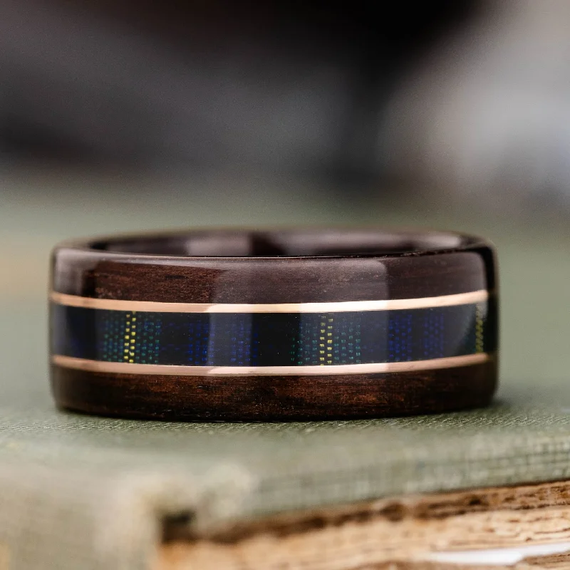 women’s cushion cut engagement rings-The Gordon Clan Tartan | Men's Rosewood Wedding Band with Tartan & Dual Metal Inlay