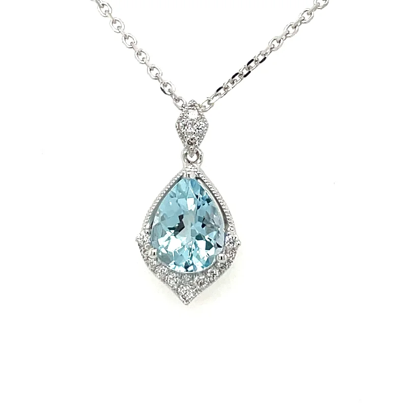 women’s oval pendant necklaces-14KW Gold Pear-Shape Aquamarine Necklace with Diamond Accents