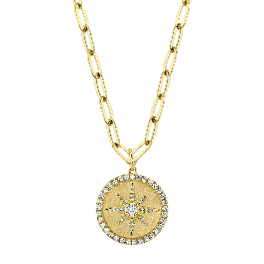 women’s long pendant necklaces-14K Yellow Gold Diamond Compass Paperclip Necklace