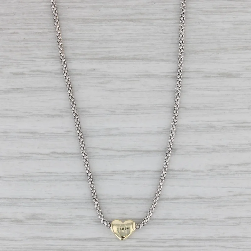 women’s large pendant necklaces-Engraved Initial M Small Heart Pendant Necklace 14k Gold 17" Popcorn Chain