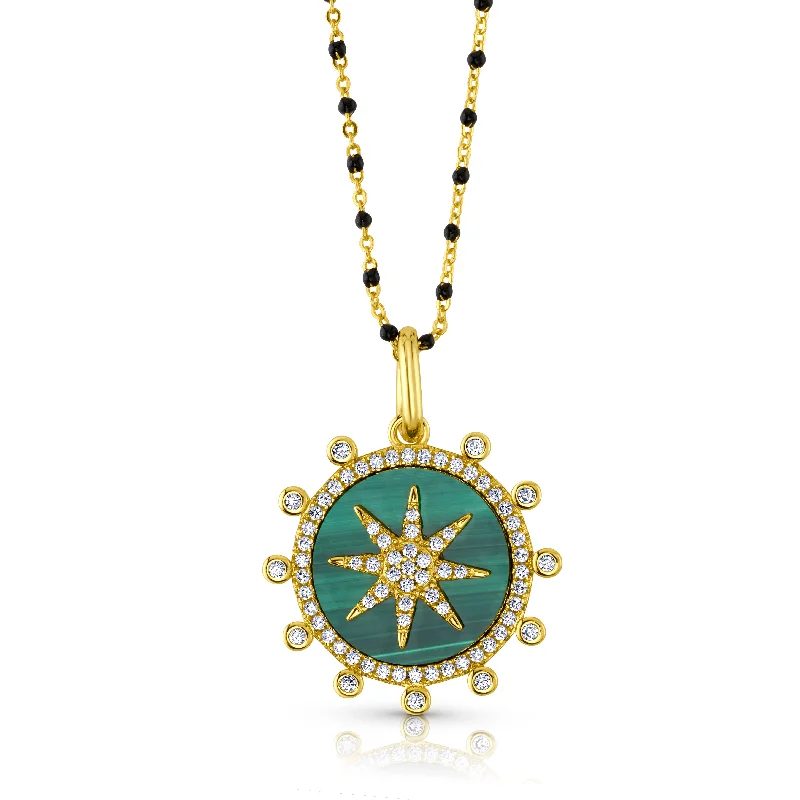 women’s wedding necklaces-SUNBRUST PENDANT AND BEADED CHAIN NECKLACE, GOLD MALACHITE