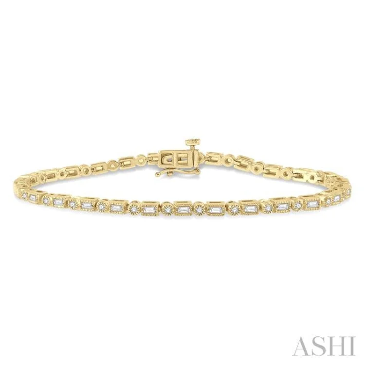 women’s braided bracelets-1 Ctw Baguette and Round Cut Diamond Bracelet in 14K Yellow Gold