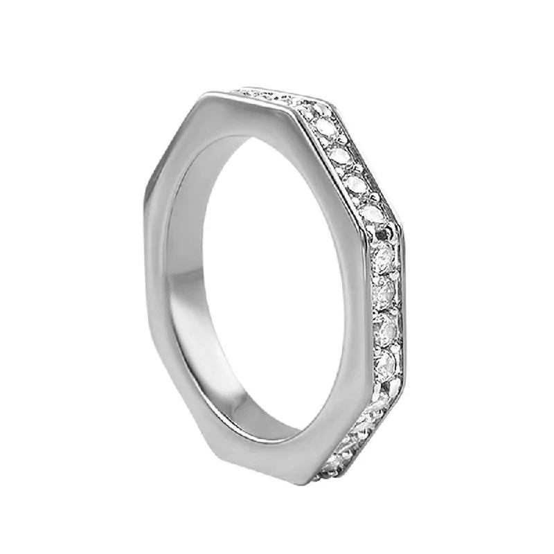 women’s two-tone rings-Skinny Octagon Iced Out Ring Rhodium