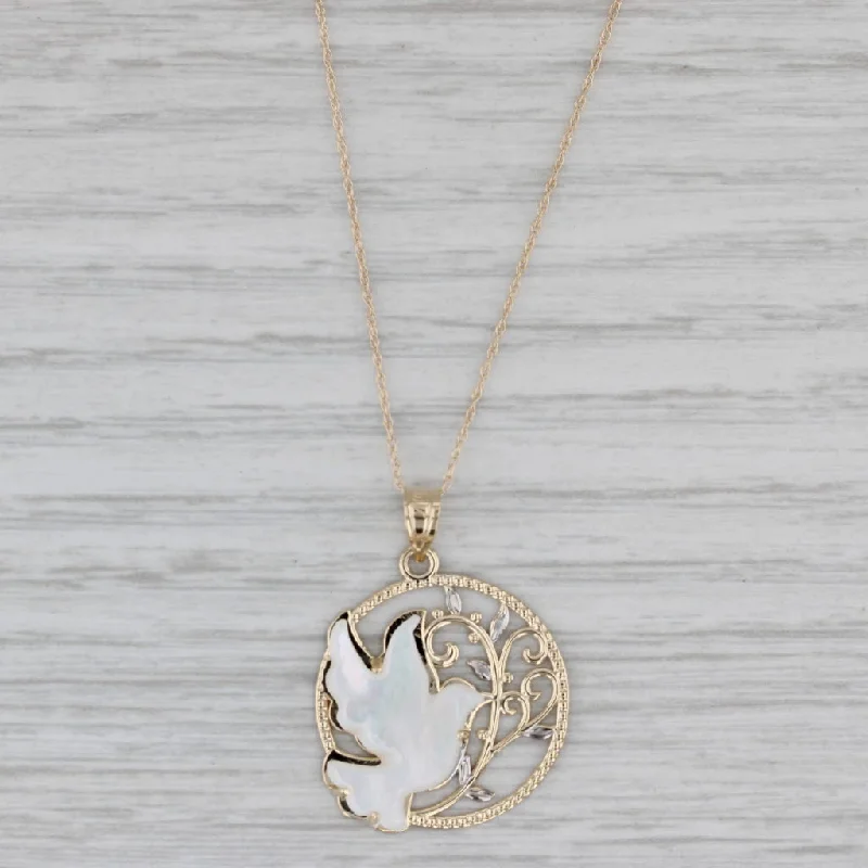 women’s luxury pendant necklaces-Mother of Pearl Dove Olive Branch Pendant Necklace 10k Gold 18"Rope Chain