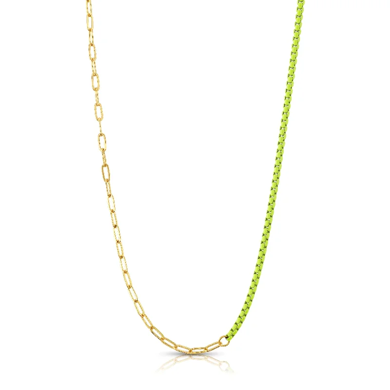 women’s trendy necklaces-HALF & HALF ENAMEL PAPERCLIP NECKLACE, NEON YELLOW