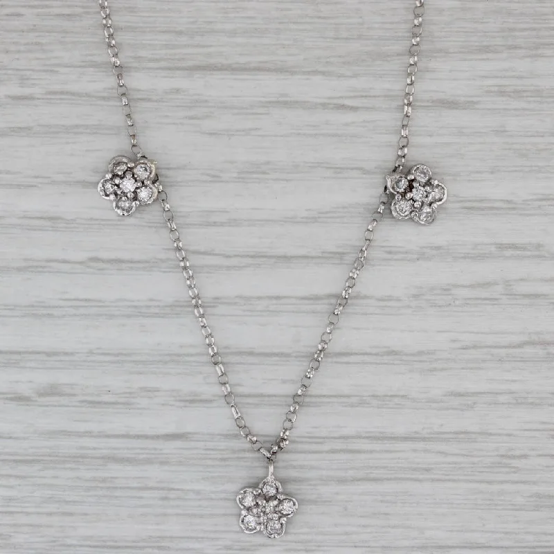 women’s vintage-style necklaces-0.50ctw Diamond Flower Station Necklace 14k White Gold 16" Rolo Chain