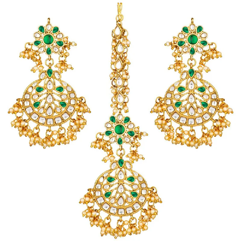 women’s unique earrings-Etnico 18K Gold Plated Traditional Handcrafted Earrings With Maang Tikka Encased with Faux Kundan & Pearl for Women/Girls (TE2872G)