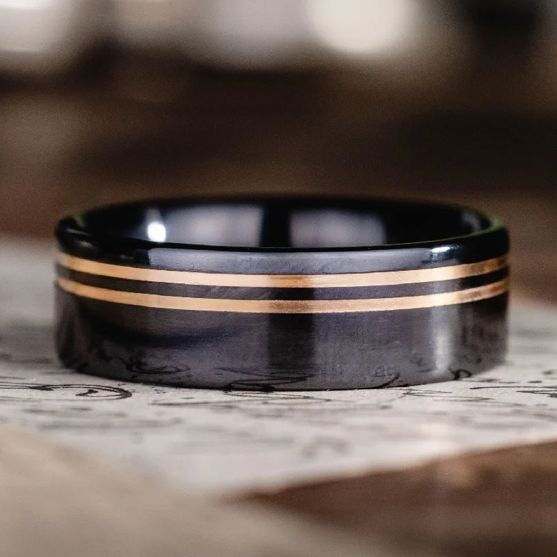 women’s contemporary engagement rings-The Titan Noir | Men's Black Titanium Wedding Band with Dual Offset Metal Inlays