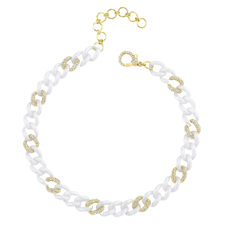 women’s crystal bracelets-DIAMOND 9 PAVE & WHITE CERAMIC ALTERNATING MEDIUM LINK ANKLET