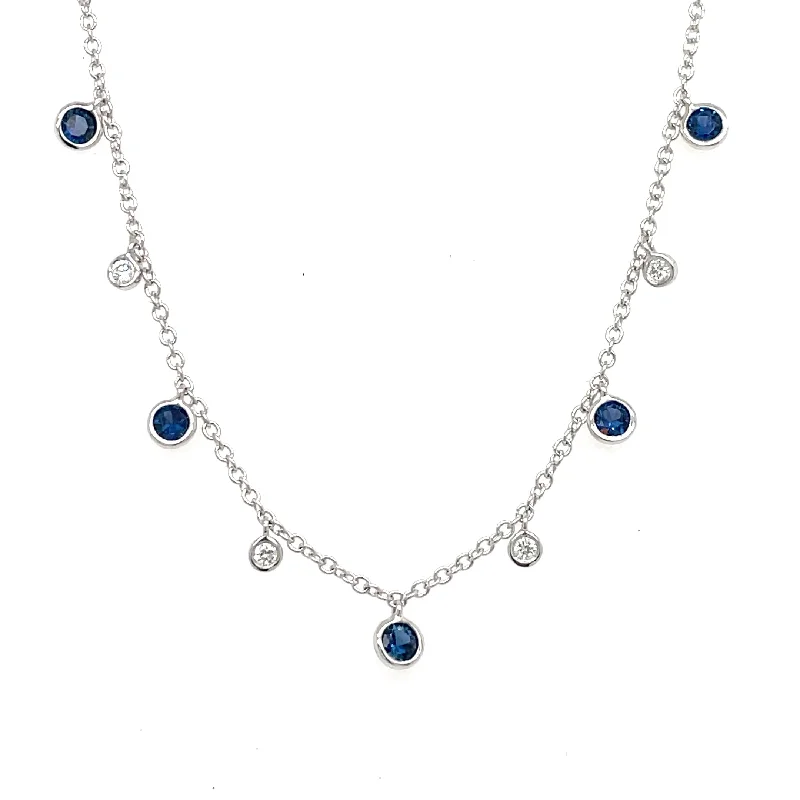 women’s personalized necklaces-14K White Gold Bezel Set Blue Sapphire & Diamond Dangle Necklace