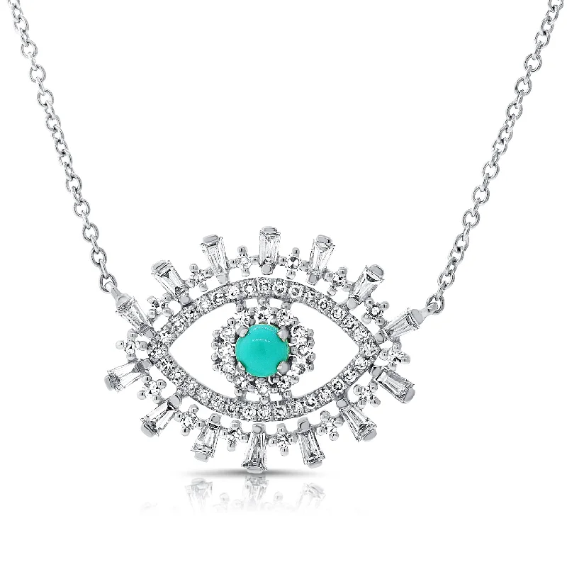 women’s minimalist necklaces-14K White Gold Diamond + Turquoise Evil Eye Necklace