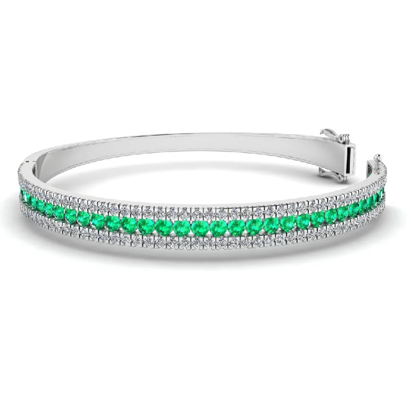 women’s stacking bangles-Round Brilliant 4.05 Carat Emerald and Diamond 3 Rows Bangle BAN1E