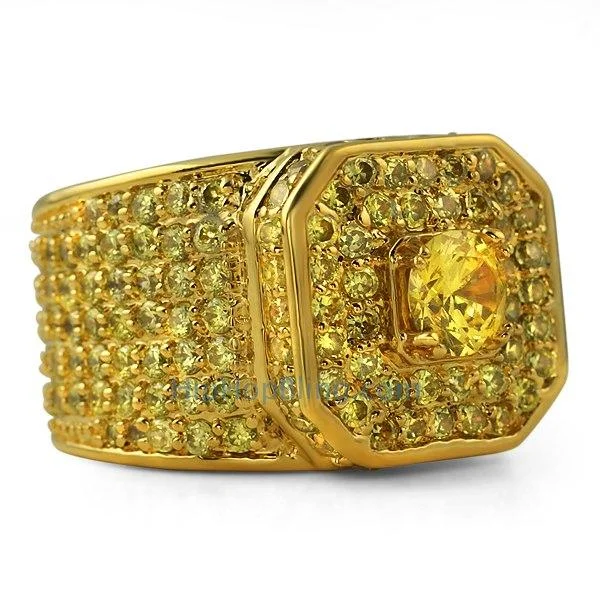 women’s unique gemstone rings-Presidential Canary CZ Gold Bling Bling Ring