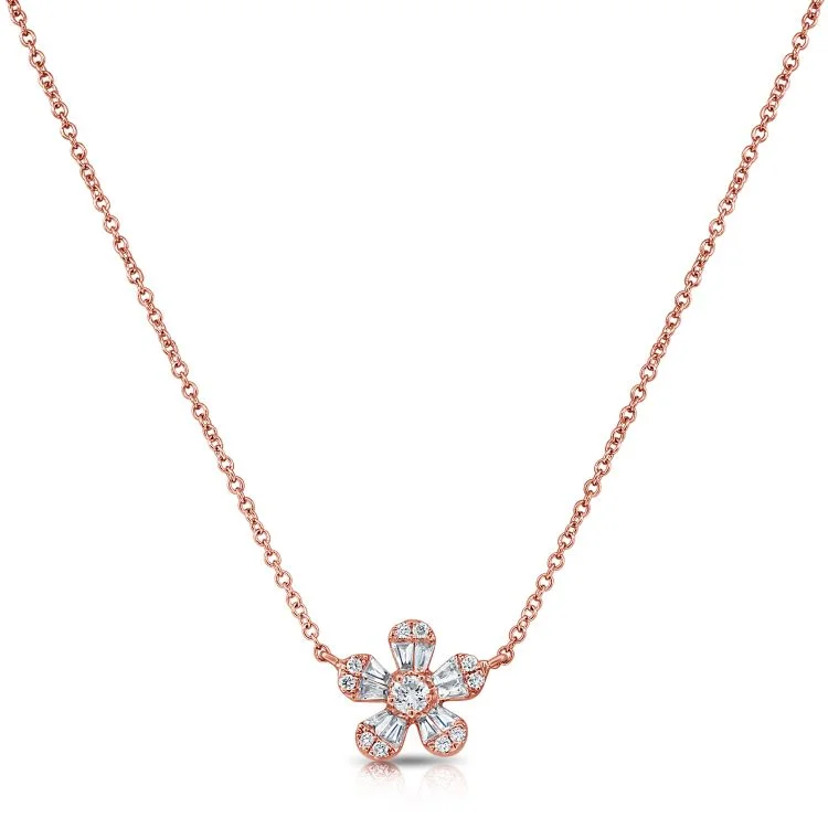 women’s layered necklaces-14k Rose Gold Diamond Baguette Flower Necklace