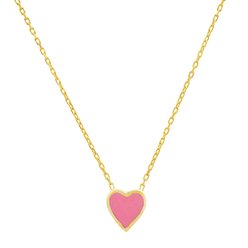 women’s sterling silver necklaces-PINK HEART ENAMEL NECKLACE GOLD