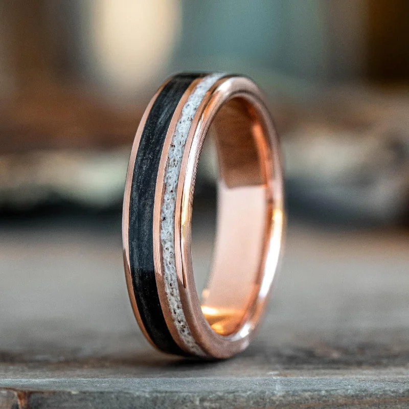 women’s custom engagement rings-(In-Stock) The Gent's Weekend | Men's 10k Rose Gold Whiskey Barrel Wood & Elk Antler Wedding Band - Size 10.5 | 6mm Wide