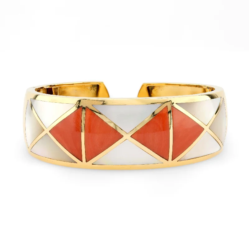 women’s handmade bangles-Vintage Italian Coral Mother of Pearl 18K Yellow and White Gold Bangle