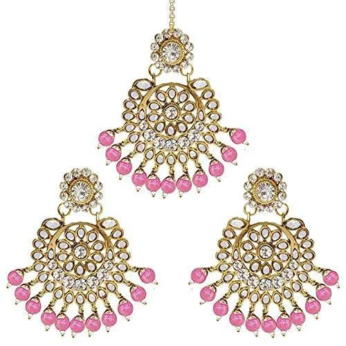 women’s elegant drop earrings-Etnico Gold Plated Traditional Kundan Pearl Earrings & Maang Tikka for Women (TE2501Q)