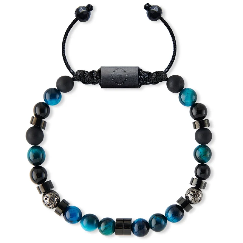 women’s woven bracelets-Blue Sodalite with Heishi Onyx & Volcanics