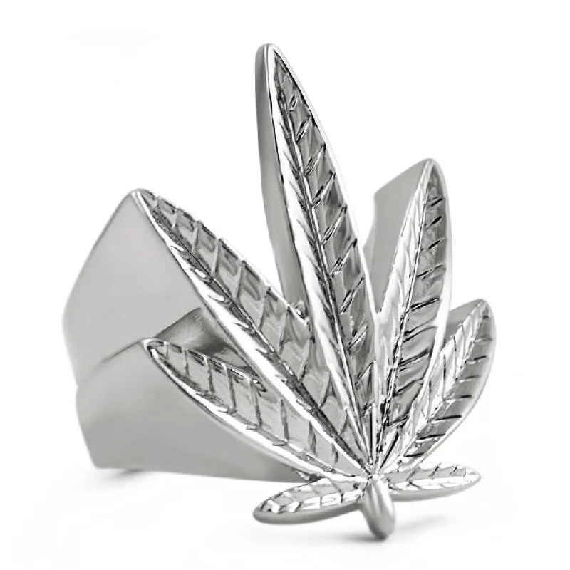 women’s flower rings-Marijuana Leaf Pot 420 Stoners Rhodium Ring