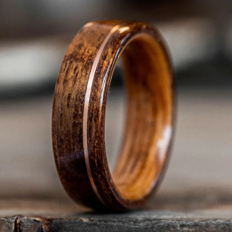 women’s matching engagement rings-(In-Stock) The USS North Carolina | Men's Battleship Teak Wood Wedding Band with Whiskey Barrel Liner & 14k Rose Gold Inlay - Size 6 | 6mm Wide