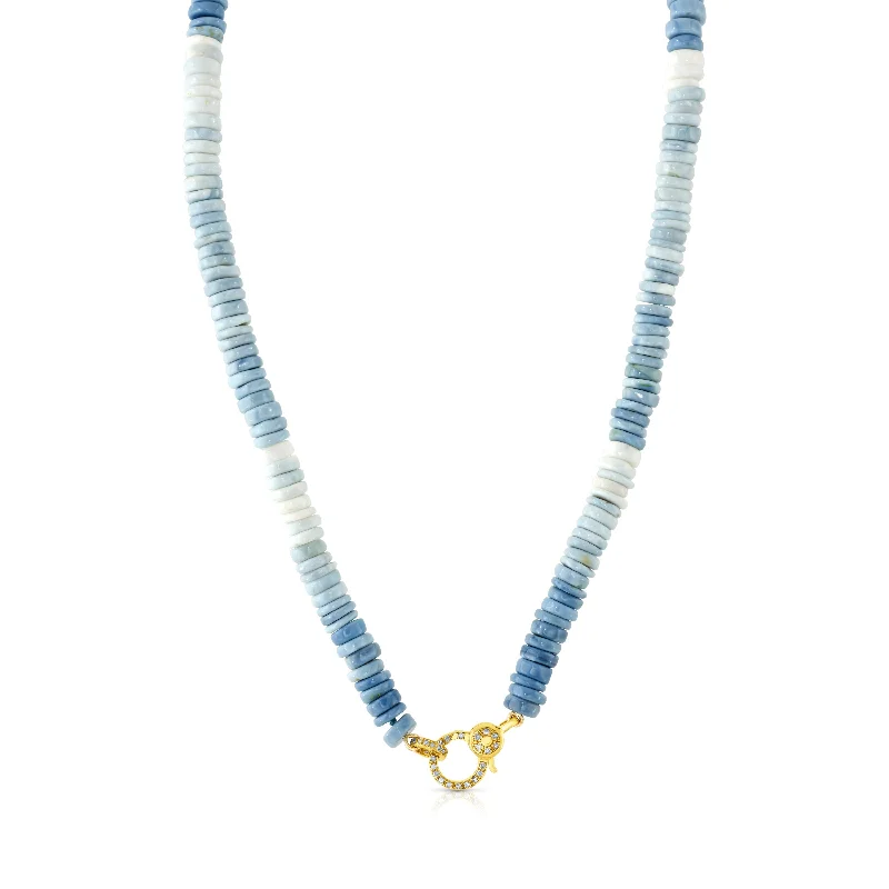 women’s long pendant necklaces-BLUE OPAL FRONT CLASP BEADED NECKLACE 16", 14KT GOLD