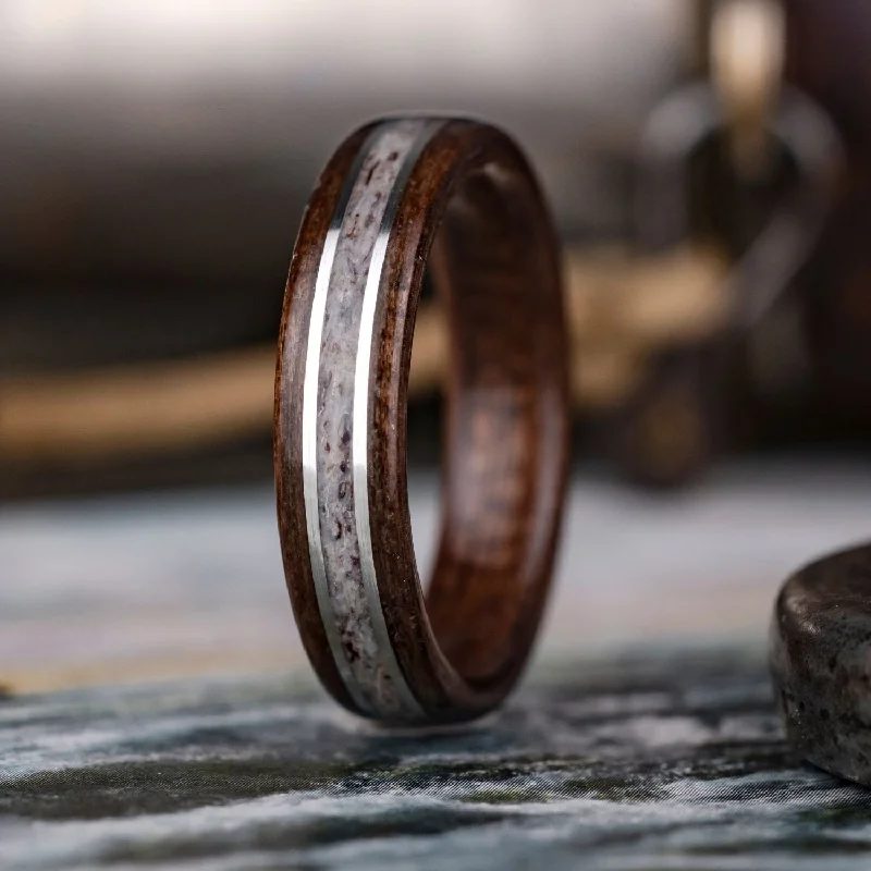 women’s vintage style engagement rings-(In-Stock) The Stag | Men's Antique Walnut Wood & Elk Antler Wedding Band with Dual Sterling Silver Inlays - Size 8 | 5mm Wide