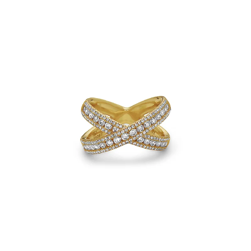 women’s oval cut rings-Gold and Diamond X Band Ring