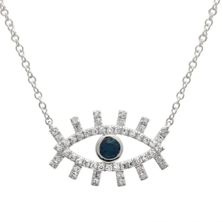 women’s engraved necklaces-14K White Gold Diamond + Sapphire Evil Eye Eyelash Necklace